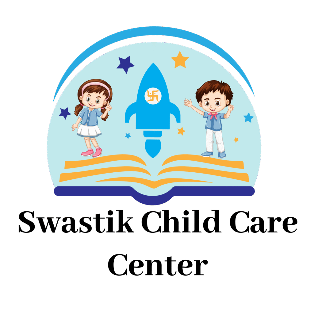 Logo of Swastik Child Care Center featuring a rocket launching from an open book, with happy children and stars symbolizing child development and learning.